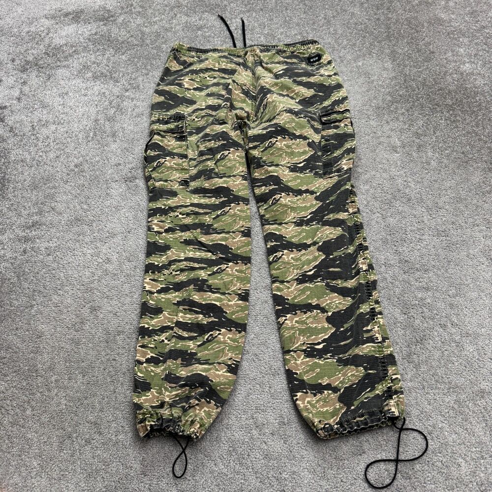 HUF Tiger Striped Camo Cargo Pants Mens Medium Green 100% Cotton Pull On Outdoor - Picture 2 of 16